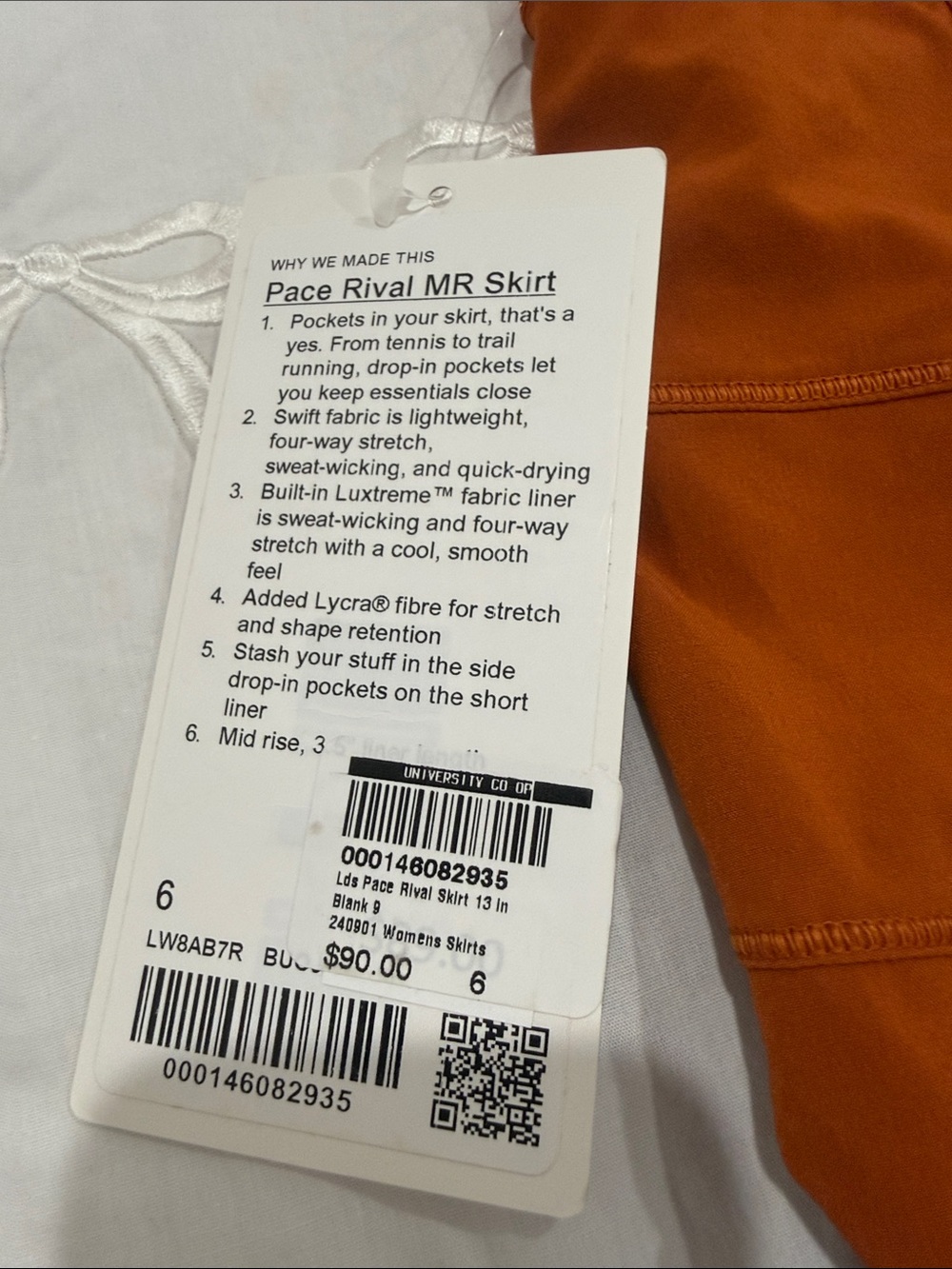 lululemon athletica Pace Rival MR Skirt in burnt orange with white tag - Picture 2 of 9